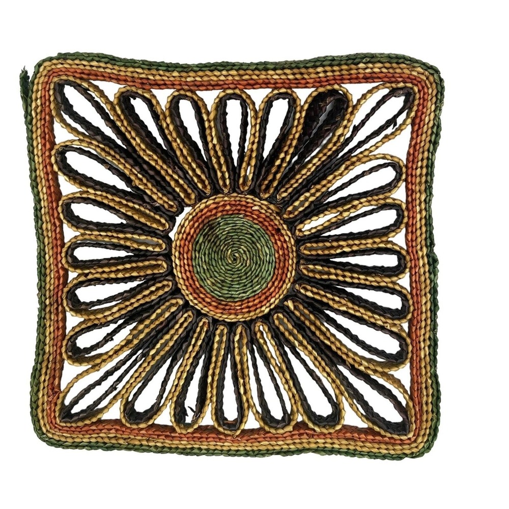 Vintage Rattan Trivet Wicker Straw Woven Green Tan Brown Orange 7 x 7